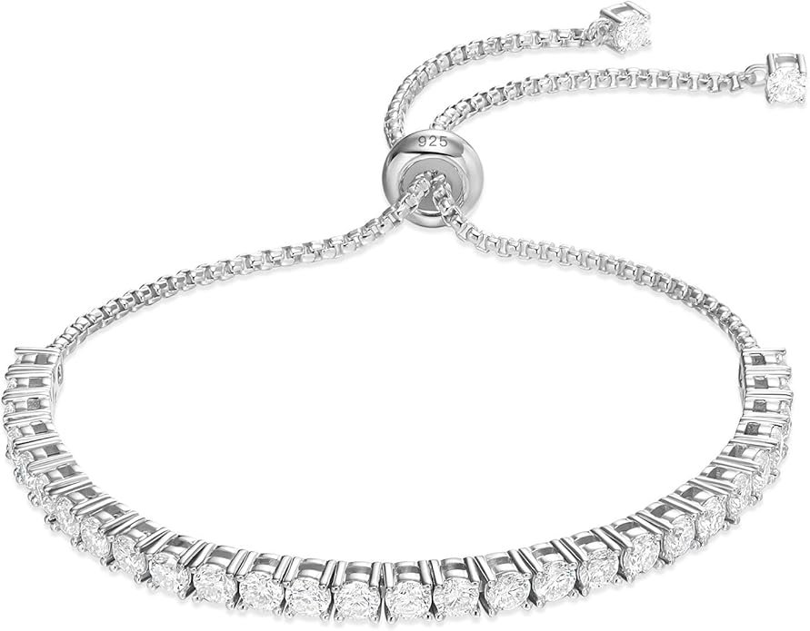 LOVE&LOVE Moissanite Tennis Bracelet for Women, Adjustable Bracelet 925 Sterling Silver 3/4mm D VVS1 Round Cut, Luxury Jewelry Gift for Wife Mom Girlfriend Birthday Anniversary