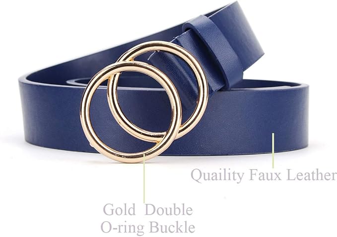 UnFader Pack 2 Women Belts for Jeans with Fashion Double O-Ring Buckle and Faux Leather