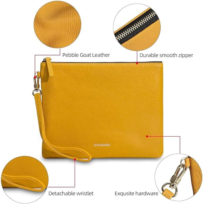 DORIS&JACKY Lambskin Leather Wristlet Clutch Purse for Women Soft Designer Slim Cell Phone Pouch Bag with Detachable Strap