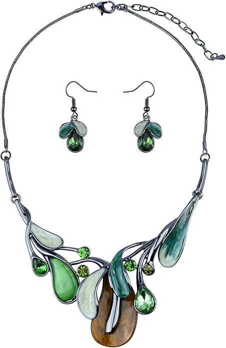 Vintage Statement Jewelry Set Leaf Floral Bohemian Boho Statement Necklace Earring Set Crystal Fashion Costume Jewelry