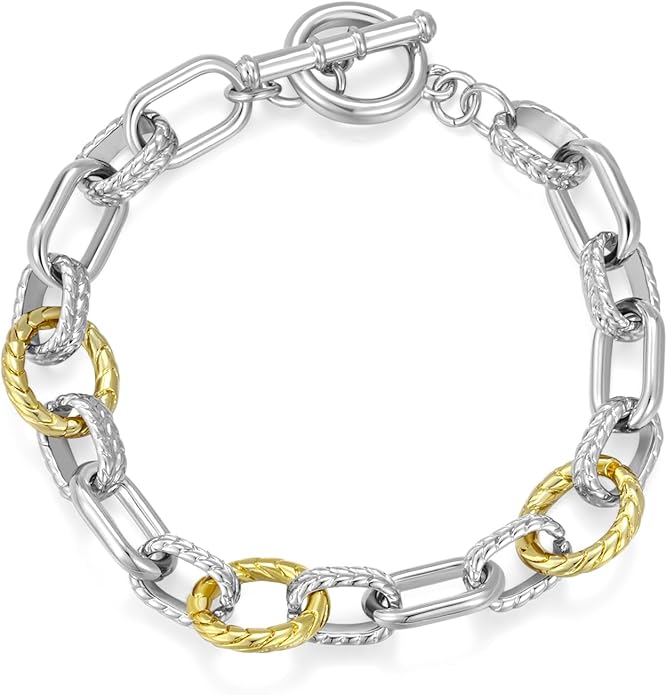 Mytys Chunky Chain Link Bracelet Two-Tone Mixed Metal Textured Toggle Clasp Statement Bangle Bracelet Jewelry for Women Fashion