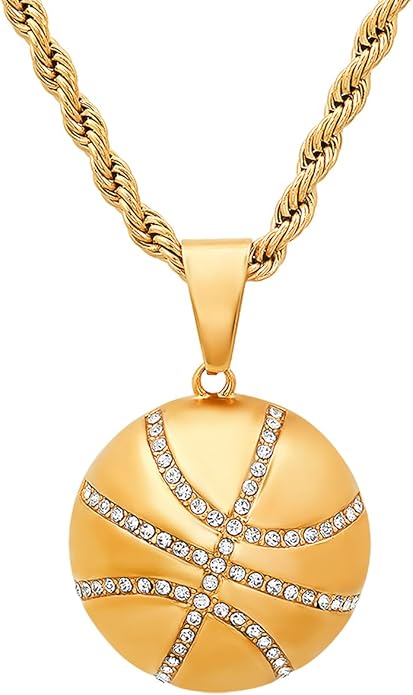 Basketball Necklace - 18K Plated Basketball Chain with Hoop for Men, Women, Teens - Gold, Silver & Black Color Options - Stainless Steel Sports Pendant with Simulated Diamond CZ Stones