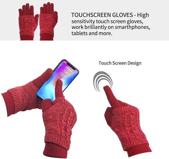 Winter Hat Gloves Scarf Set for Women, Cable Knit Beanie Pom Cap Touch Screen Glove Long Scarf 3PCS Winter Gift for Women Men