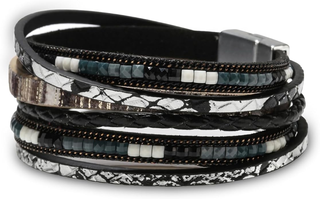 Fesciory Leather Wrap Bracelets for Women, Boho Leopard Multi-Layer Crystal Beads Cuff Bracelet Jewelry