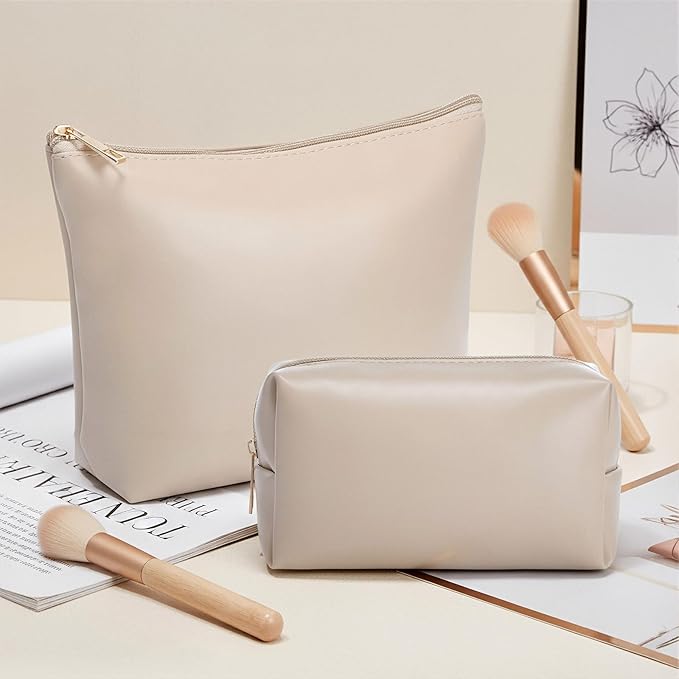 Kigeli 2 Pcs PU Leather Makeup Bag Set for Women Aesthetic Cosmetic Bag Small Toiletry Travel Pouch for Purse Emergency Skincare Organizer Valentine Gifts for Bridesmaid Birthday(Nude)