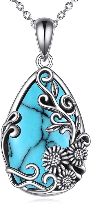 YFN Black Obsidian/Moonstone/Turquoise/Moss Agate Sunflower Filigree Teardrop Pendant Necklace Jewelry for Women - 925 Sterling Silver