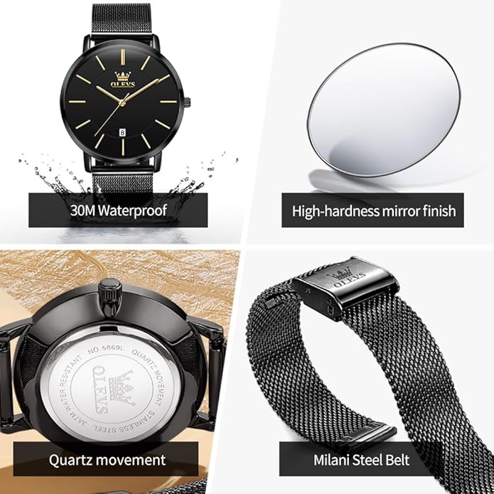 OLEVS Mens Watches Minimalist Ultra Thin Fashion Casual Analog Quartz Date Watch Waterproof Slim Simple Big Face Dress Wrist Watch Leather Band for Men
