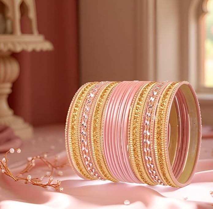 Touchstone Indian Metal Bangles for Women Gold Alloy Bracelets desi 2 Dozen Bangle Collection Bollywood Women's Jewelry Set Multi Stacking Wide Chunky Textured Golden Set of 24 in Gold or White Tone