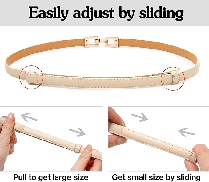 Women Skinny Belts, Thin Genuine Leather Waist Belts with Gold Buckle for Dresses
