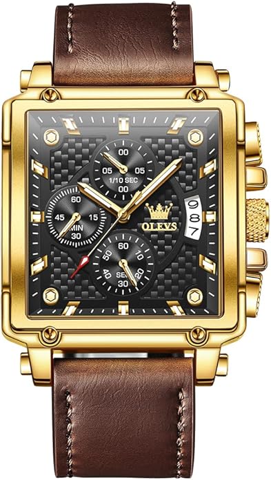 OLEVS Men's Casual Leather Watch, Big Face Chronograph Watch for Men, Fashion Easy to Read Dress Watch, Men's Waterproof Luminous Date Analog Watch, Gold/Black/White/Blue Dial