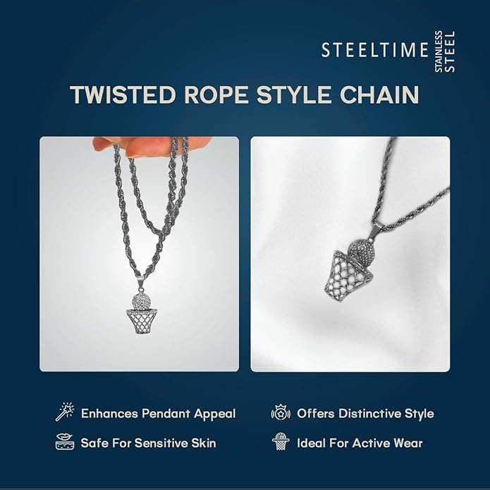 Basketball Necklace - 18K Plated Basketball Chain with Hoop for Men, Women, Teens - Gold, Silver & Black Color Options - Stainless Steel Sports Pendant with Simulated Diamond CZ Stones