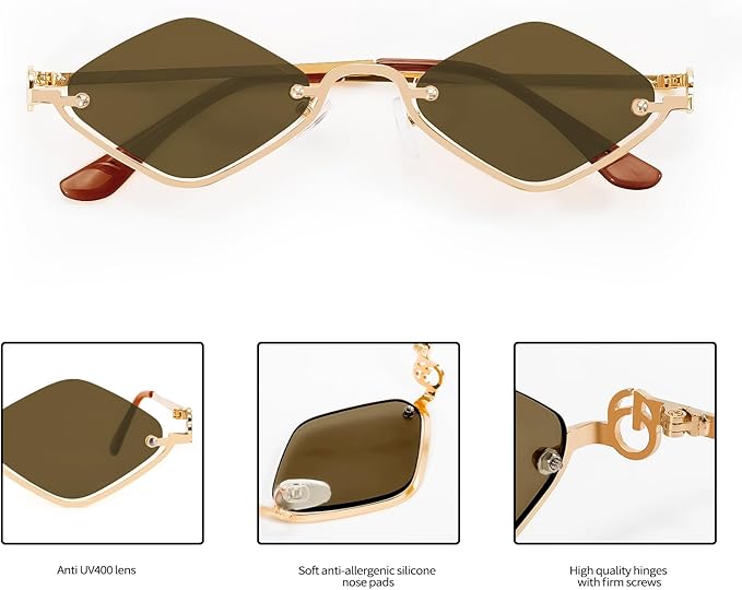 Retro Y2k Sunglasses for Women Men,Trendy Semi-Rimless Sun Glasses Irregular Narrow Gold Sunnies UV400
