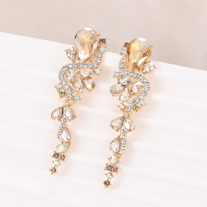 Fashion Rhinestone Statement Drop Dangle Earrings Long Colorful Crystal Bridal Wedding Teardrop Chandelier Earrings for Women Prom Pageant
