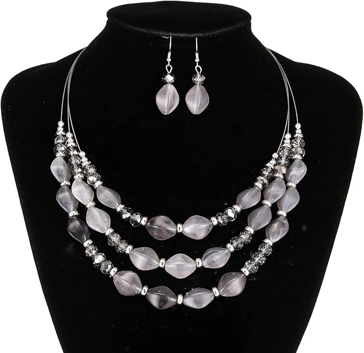 3 Layered Chunky Statement Necklace for Women Beaded Strand Necklaces with Earring Fashion Costumes Collar Necklace Jewelry Sets Gifts for Women