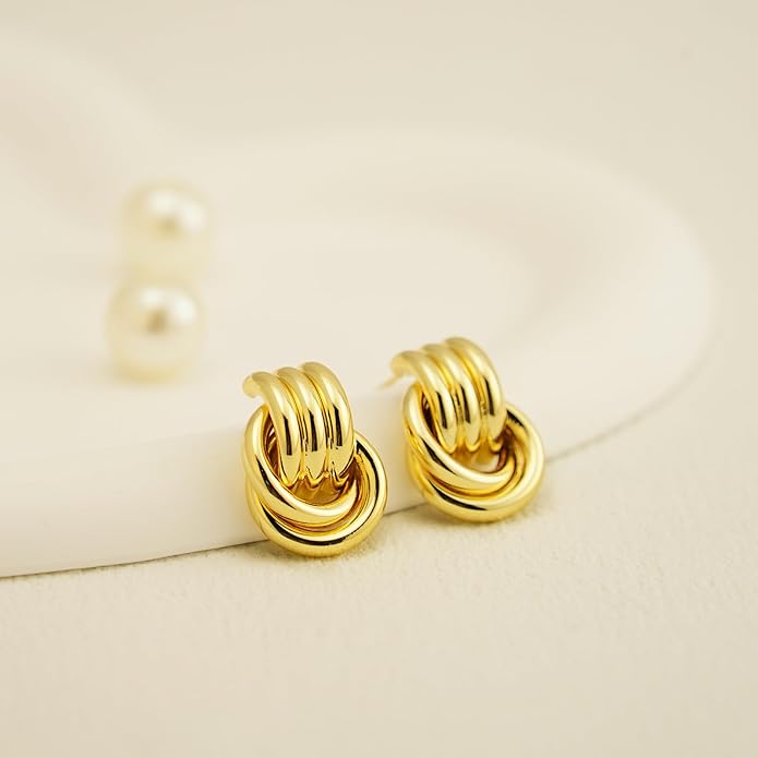 Chunky Small Knot Earrings Gold Silver Geometric Earrings for Women Dainty Gold and Silver Plated Dangle Drop Earrings Hypoallergenic and Lightweight Fashion Trendy Jewelry Gifts