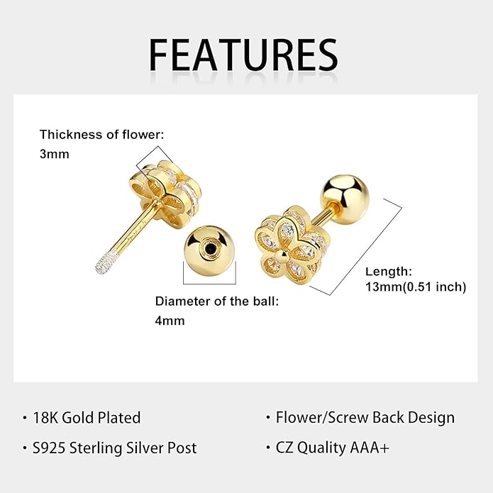 18K Gold Plated Sterling Silver Cubic Zirconia Screw Back Small Trendy Dainty Cute Flower Stud Earrings for Women with Jewelry Rose Box
