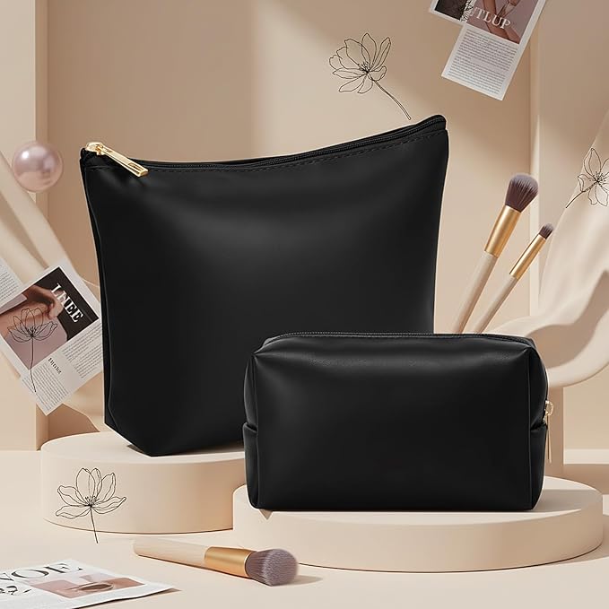 Kigeli 2 Pcs PU Leather Makeup Bag Set for Women Aesthetic Cosmetic Bag Small Toiletry Travel Pouch for Purse Emergency Skincare Organizer Valentine Gifts for Bridesmaid Birthday(Black)