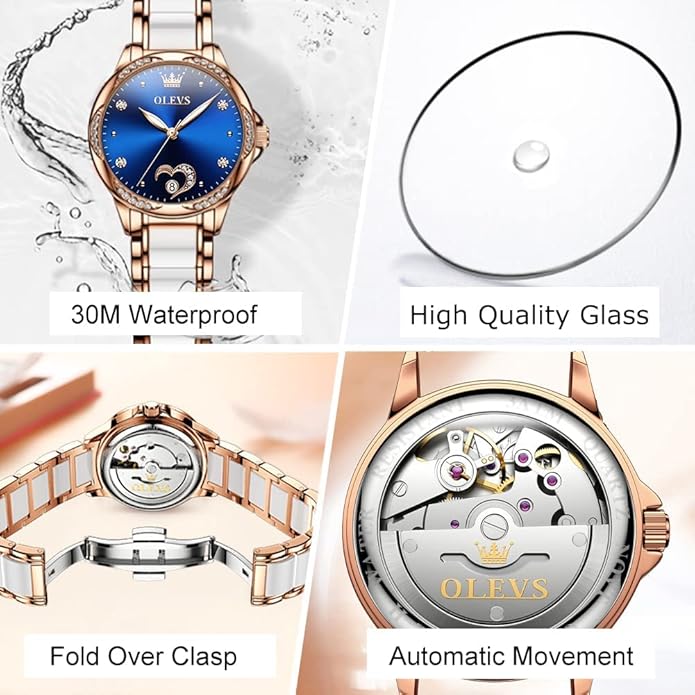 OLEVS Womens Automatic Watch, Premium Large Face Diamond Accented Self Winding Watches for Women, Fashion Waterproof Ladies Dress Watch, Two Tone Stainless Steel Ceramic Bracelet