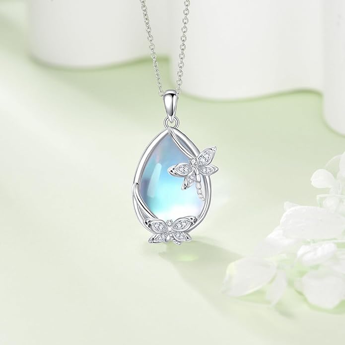 Moonstone Necklace for Women dragonfly Necklace 925 Sterling Silver Teardrop Moonstone Pendant Necklace Dragonfly Jewelry Gifts for Women