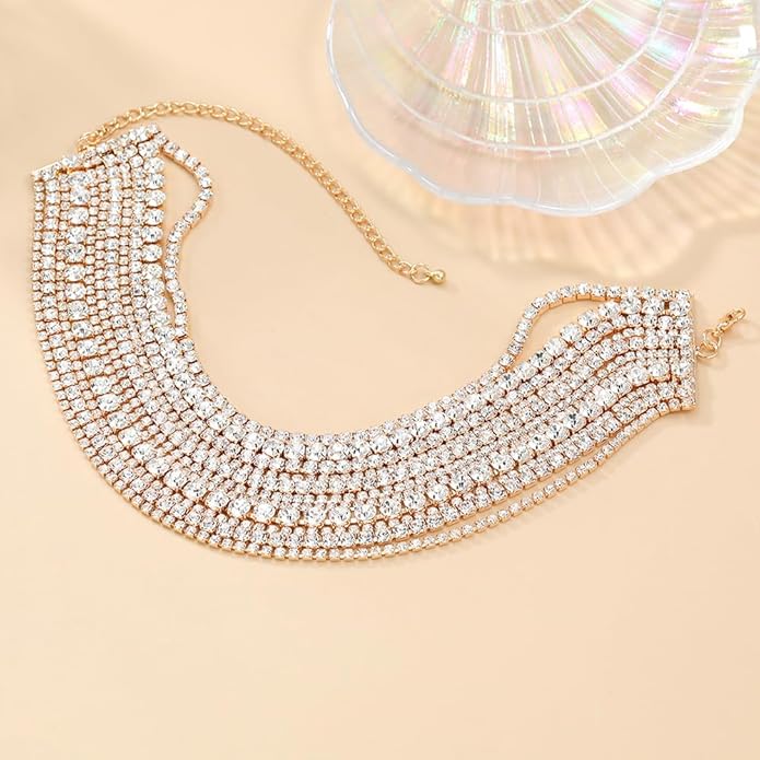 Boho Fashion Prom Shinny Luxury Rhinestones Choker Necklace Dainty Layered Sexy Body Chain Choker Necklace Dainty Gold Silver Halloween Christmas Necklace Gift for Women