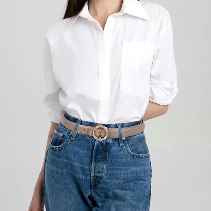 Women's Fashion Classic Metal Buckle Leather Belt with Jeans Dress