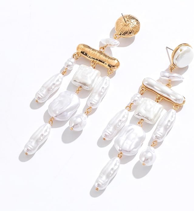 Statement Pearl Dangle Earrings,Gold and Large Pearl,Luxury Chandelier Organic Style Earrings