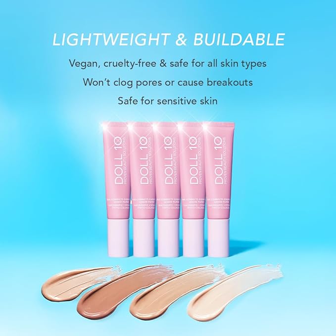 Doll 10 TCE Liquid Filter – CC Cream - Liquid Foundation - Lightweight Tinted Moisturizer & Skin Tint - Blurs Pores & Fine Lines - Vegan - Clean Makeup - [Tan] - 30 Day Supply
