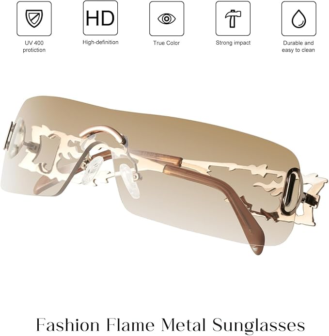 mosanana Y2K Rhinestone Flame Rectangle Sunglasses for Women with Bling Glitter MS52350