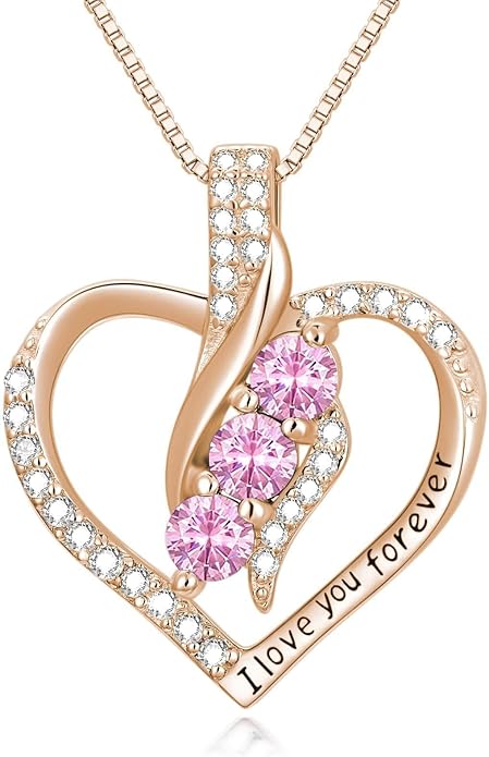 Rose Heart Birthstone Necklace for Women - Solid S925 Sterling Silver with Rose Gold Plated Infinity Symbol of Love Valentine's, Mother's Day, Anniversary, Christmas Birthday Gift for Her, Mom, Wife, or Girlfriend.