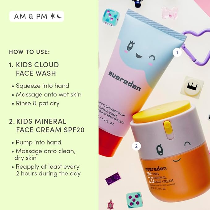Evereden Kids Healthy Morning Duo Spa Headband for Girls: Clean & Vegan Skin Care Bundle | Cloud Face Wash + SPF 20 Mineral Face Cream | Non-Toxic | Easy-to-Use Skincare