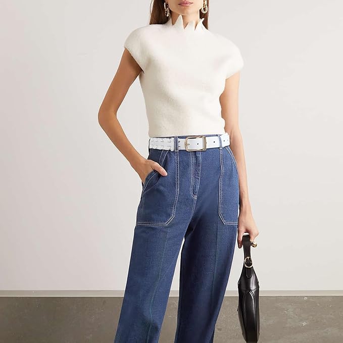 Womens White Belts with Gold Buckle Leather Belts for Women Ladies Fashion Waist Belt