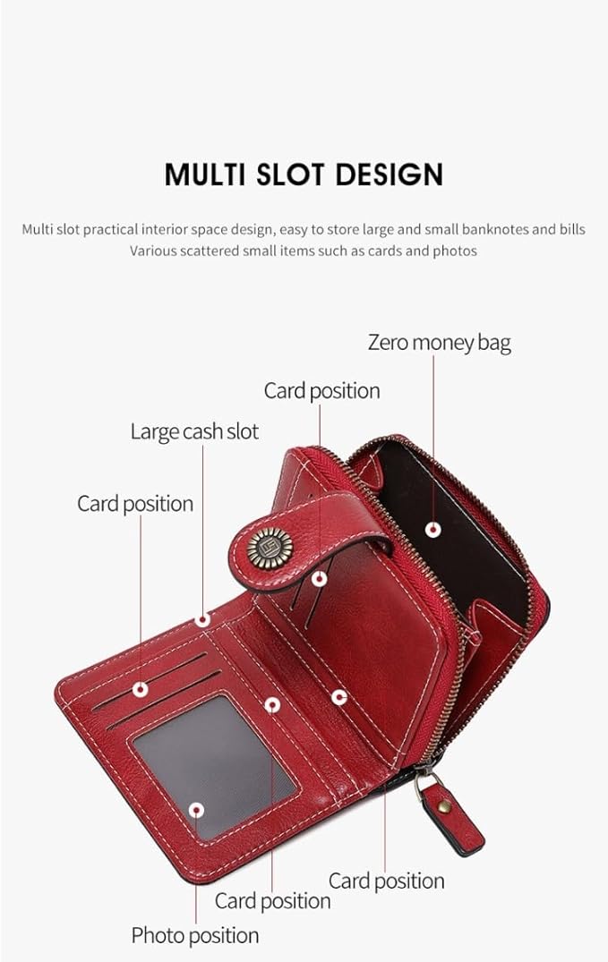 Premium Slim Genuine Leather Bifold Wallet for Women with Advanced RFID Blocking Technology and Zippered Coin Compartment (Red)