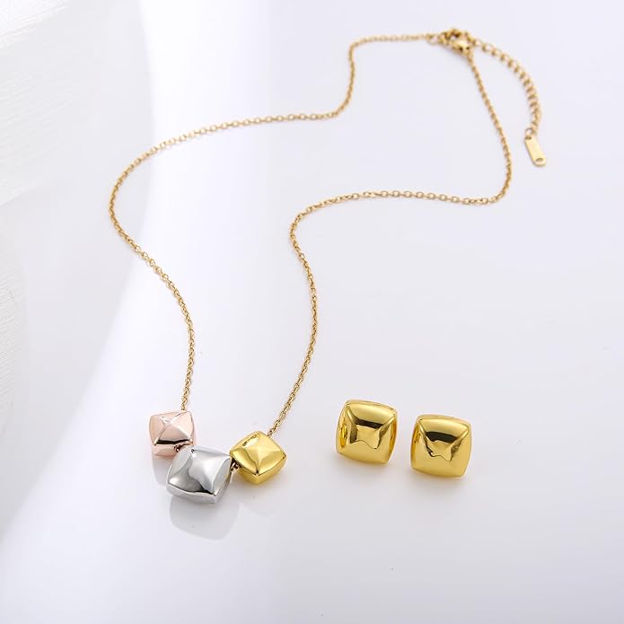 Dainty Geometric Jewelry Set for Women - Stainless Steel Necklace & Earrings Minimalist Matching Set