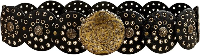 Hollow Wide Disc Belt for Women Concho Leather Metal Buckle Boho Belt Cowgirl Vintage Western Chunky Waist Belts