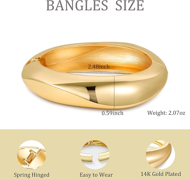 Bangle Bracelets for Women | 14K Gold Plated Trendy Wide Bracelets | Hinged Arm Cuff Bangles Chunky Bracelet for Women