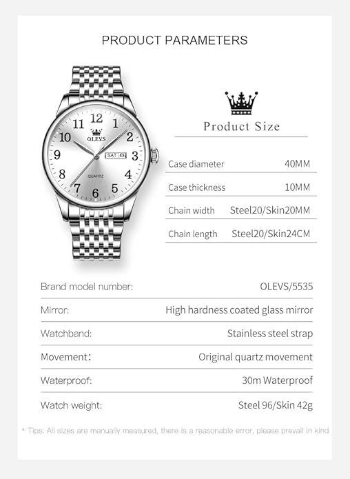 OLEVS Mens Watch Stainless Steel Analog Quartz Watches for Men Day Date Easy Read Diamond Waterproof Dress Luxury Classic Casual Big Face Blue/Black/Gold/Silver Roman Arabic Numerals Men's Wrist Watch