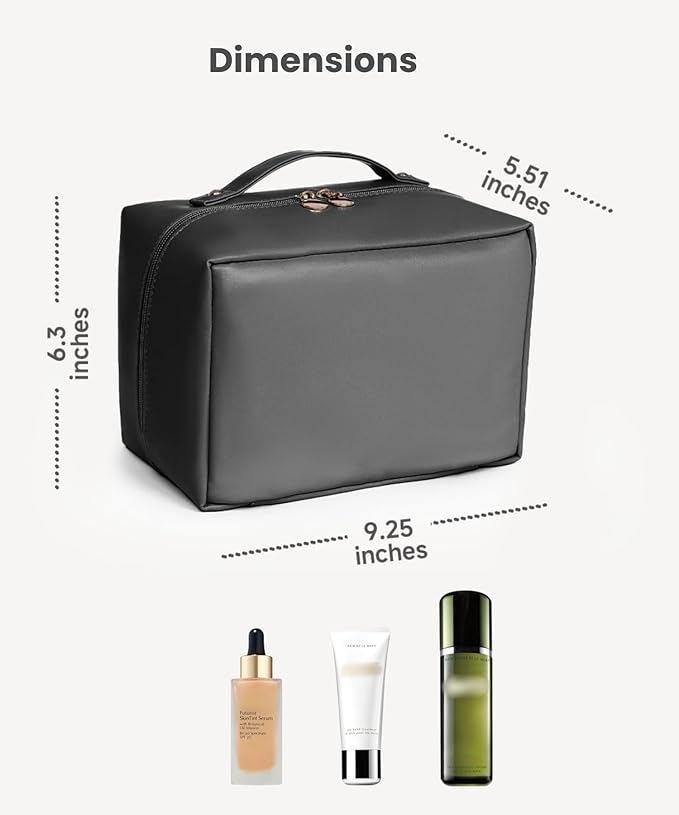 Travel Makeup Organizer Bag, Large Capacity Cosmetic Bags with Multiple Compartments, Open-Flat Toiletry Bag Portable Waterproof Pouch for Women Beauty Essentials (Black)