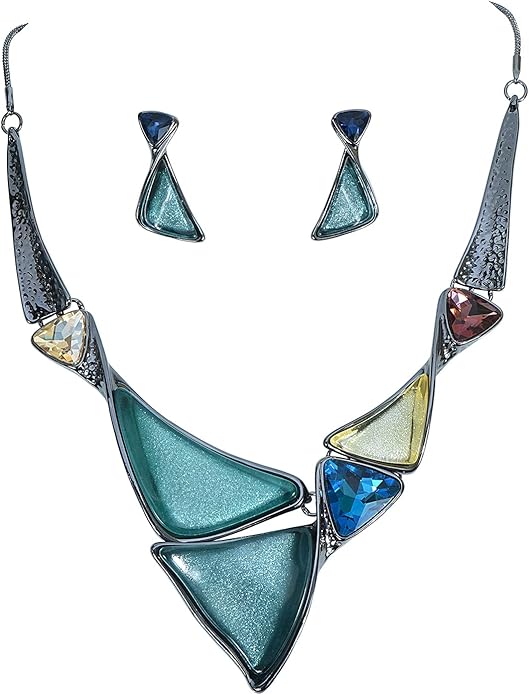 Irregular Enamel Triangle Shape Collar Bib Statement Necklace Earrings Set Women Bridal Jewelry