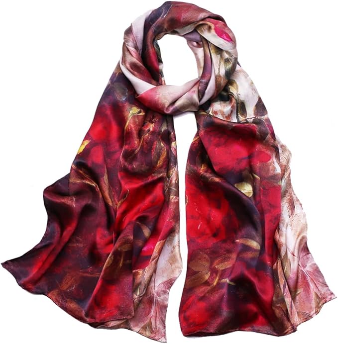 100% Mulberry Silk Scarfs for Women Floral Print Satin Long Scarf for Headscarf Hair Wraps Shawl with Gift Packed