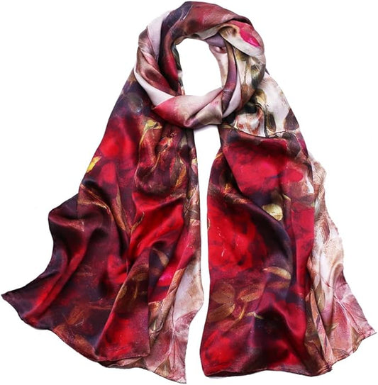100% Mulberry Silk Scarfs for Women Floral Print Satin Long Scarf for Headscarf Hair Wraps Shawl with Gift Packed