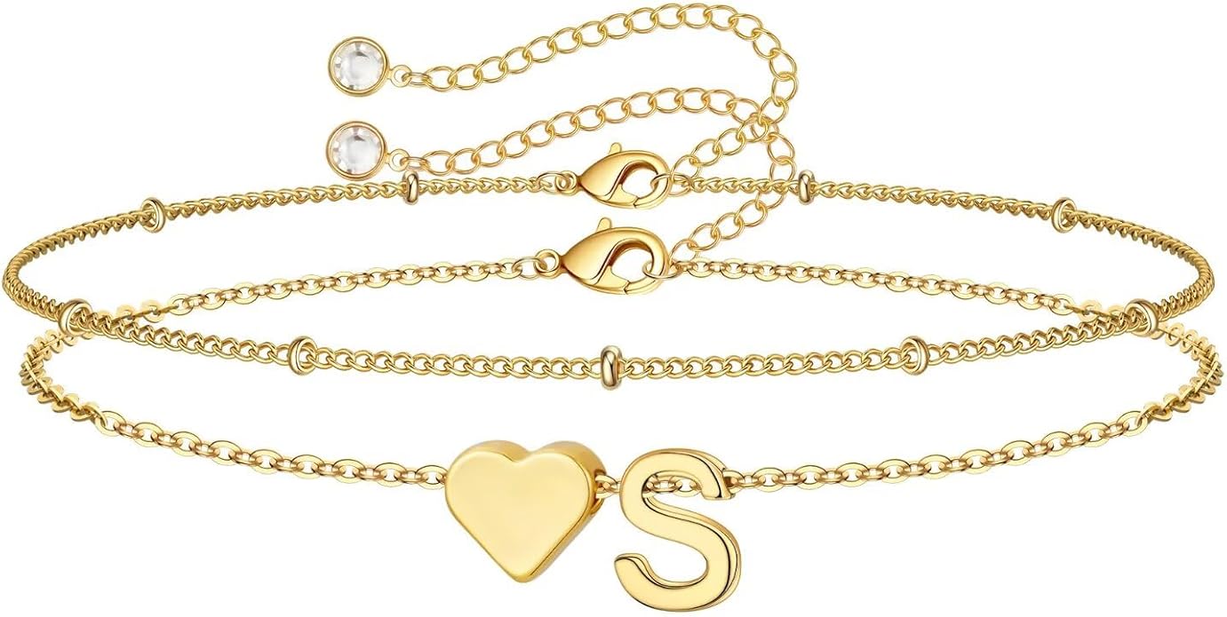 M MOOHAM Valentines Day Gifts for Kids Teen Girls -14K-Gold-Plated Heart Initial A-Z Bracelets for Women Girl Dainty Gold Bracelets Birthday Valentines Gifts for Women Her Teenage Girls Kid Teen Gift