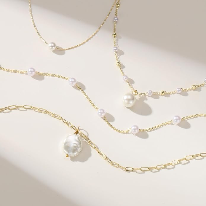 Yoosteel Pearl Necklace for Women - 14K Gold Plated Pearl Pendant Necklaces Minimalist Women Pearls Layered Necklace Dainty Trendy Bridal Bridesmaid Wedding Gifts for Her