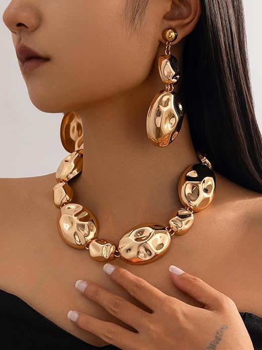 Gold Statement Necklace and Earring Set,Hammered Long Big Pendant Chunky Necklaces and Earrings Extra Large Long Accessories for Women Trendy Jewelry Set Gifts