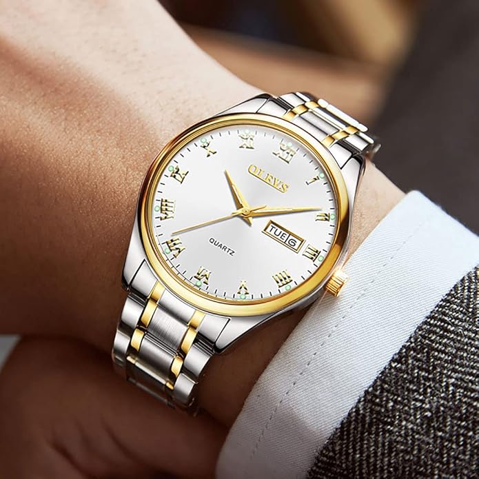 OLEVS Classic Men Watches with Date,Stainless Steel Man Watch with Date, Bussiness Watches for Men,Luminous Quartz Mens Watches Black/White/Blue/Gold, Waterproof Male Watch with Week