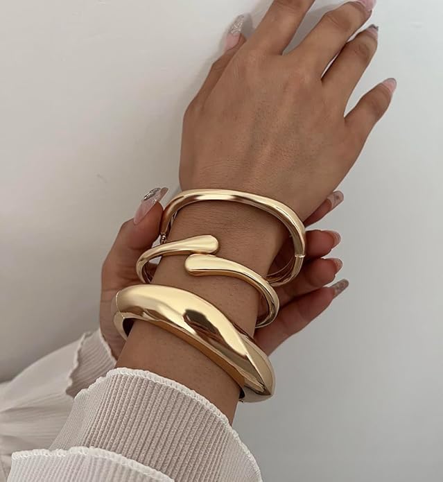 Chunky Gold Bangle Bracelets for Women, Dainty 14k Gold Plated Big Stackable Bangles Set, Trendy Statement Cuff Bracelet Stack Fashion Jewelry Christmas Gifts