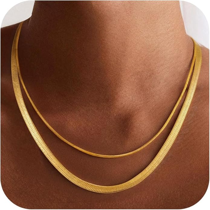 Gold Necklace for Women, 18K Gold Plated Layered Herringbone Necklace Choker Chain Necklaces Dainty Gold Necklaces Waterproof Jewelry for Women Non Tarnish