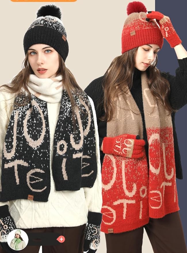 Winter Hat Scarf Gloves Set for Women Womens Knit Warm Hat Beanie Long Scarf Touchscreen Gloves Skull Caps Neck Scarves