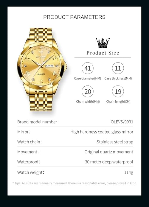 OLEVS Mens Watch Stainless Steel Analog Quartz Watches for Men Day Date Easy Read Diamond Waterproof Dress Luxury Classic Casual Big Face Blue/Black/Gold/Silver Roman Arabic Numerals Men's Wrist Watch