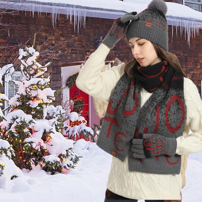 Winter Hat Scarf Gloves Set for Women Womens Knit Warm Hat Beanie Long Scarf Touchscreen Gloves Skull Caps Neck Scarves