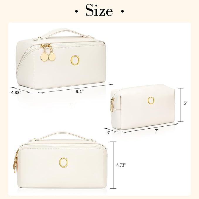 Birthday Gifts for Women Teen Girl, Personalized Initial Makeup Organizer Bag Set, Open Flat Travel Cosmetic Bag With Clear Divider and Handle(Beige,O)